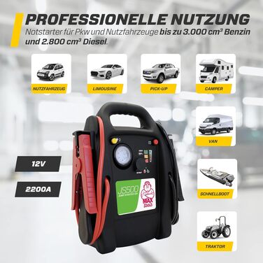 Бустер для авто MAXTOOLS JS500 2200A 22Ah — Пусковий пристрій (Jump Starter) для 12V дизельних та бензинових двигунів, Powerbank з LED-ліхтарем та USB