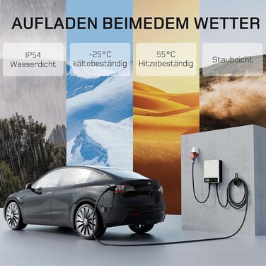 Wallbox 11 кВт з APP, кабель Type 2 7.5м з тримачем, 3-фазний зарядний пристрій для електромобілів (6-16A, 400V), BEV/PHEV, RCD Type A 30mA AC + 6mA DC, IP54, чорний. CEE 22кВт, 10м білий.