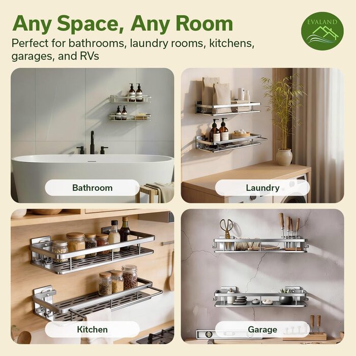 Полка для душу Evaland з алюмінію, 2 шт. з гачками та стійкою для рушників, без свердління, стійка до іржі, преміум-органайзер для ванної кімнати, кухні, сріблястого кольору