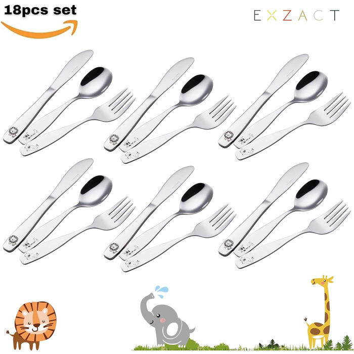 Набір дитячого столового прибору EXZACT Kinderbesteck Set 18-ти частинний з нержавіючої сталі для дітей від 2 років - з гравіюванням, придатний для миття в посудомийній машині (Safari X 18)