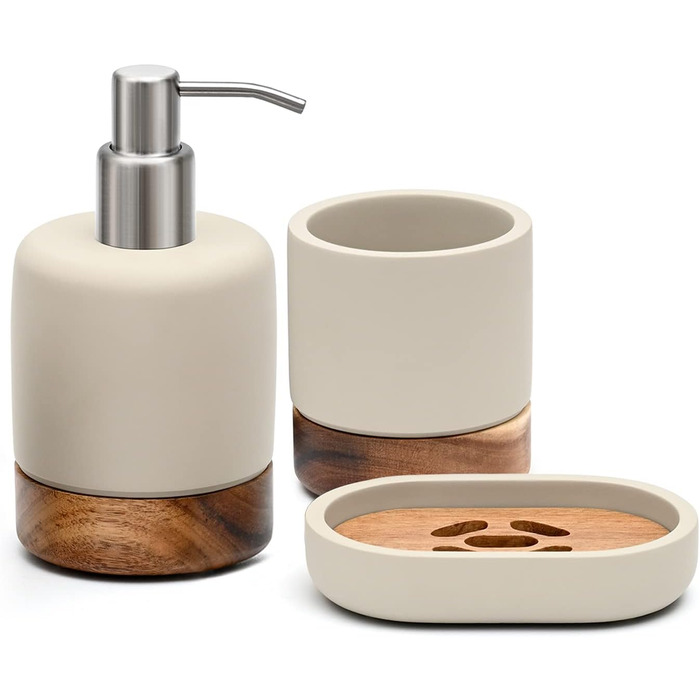 Набір аксесуарів для ванної кімнати, 3 шт. (дозатор мила, стакан, миска) з бетону та акації, подарунок для дому