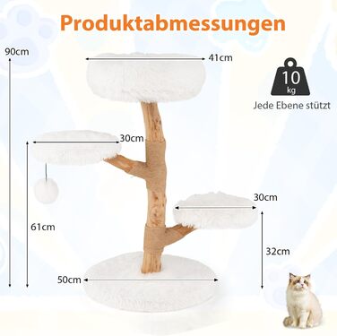 Дерев'яна кігтеточка для котів Costway 90 см з 3 м'якими лежаками, мотузкою та кігтеточкою з джуту, 4-ярусна, білий + натуральний колір