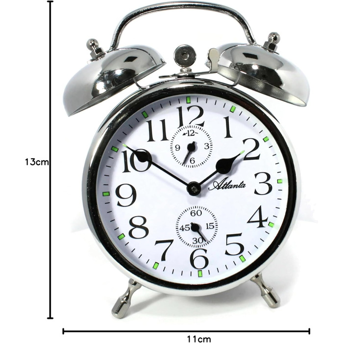 Atlanta Double Bell Alarm Clock with Luminous Hands Analog Retro Antique Silver - 1058/19
