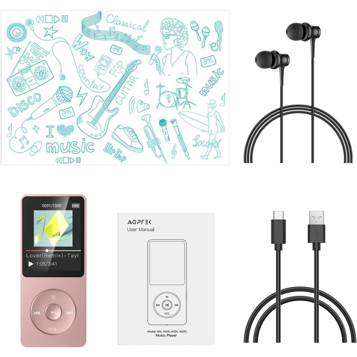 MP3 плеєр AGPTEK 16GB з екраном 1.8 дюйма, 70 годин відтворення, FM радіо, підтримка TF карт до 128GB, рожеве золото