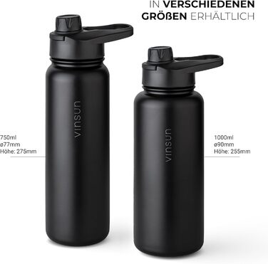 Stainless Steel Water Bottle 1L - Straw, Drinking Opening - Leakproof, Carbonated Drink Compatible, BPA Free - Thermos Flask for Sports, Outdoors, School, University, Cycling, Hiking, Gym (750 ml, Black)