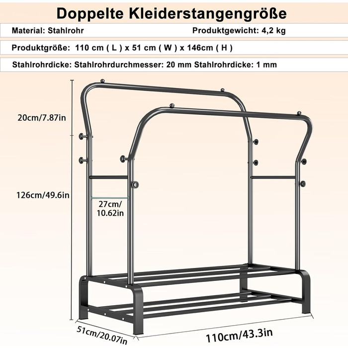 Вішалка для одягу металева подвійна Stabil з 8 гачками та 2 полицями для взуття, чорна – функціональна стійка для спальні
