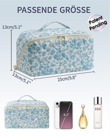 Косметичка для подорожей Wandering Nature для жінок з відділенням для пензликів, водонепроникна, велика, з перегородкою та ручкою (блакитна квітка)