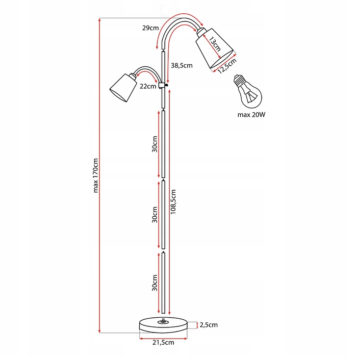 Підлогова LED-лампа Technics, регульована, 170 см, цоколь E27, 20 Вт, білий/коричневий