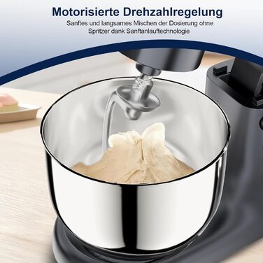 Кухонна машина Camic з LED-дисплеєм, 10 швидкостей, 3 насадками (діядовий, міксер, вінчик) та 2 чашами з нержавіючої сталі 4Л та 5Л для тіста, хліба та тортів, сіра