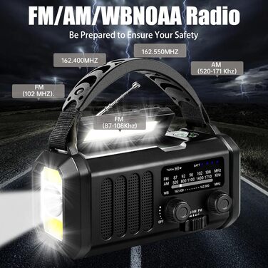 Радіоприймач аварійний QAUYYW з сонячною та ручною зарядкою, 20000 mAh, AM/FM/NOAA/SW, ліхтарик, SOS-сигнал, зарядний пристрій для телефону