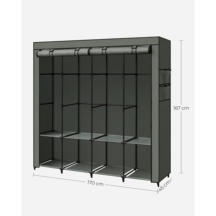 SONGMICS Closet, Wardrobe, 4 Hanging Shelves, with Shelves, 4 Side Pockets, Plenty of Space, for Bedroom, Living Room, RYG094B02 (45 x 170 x 167 cm, Sage Green)