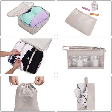 Органайзер для валізи OSDUE 8 шт. - Набір кубиків для пакування, водонепроникні сумки для подорожей, органайзери для валізи, косметичка, мішок для взуття, кишеня для USB-кабелів (Бежевий)
