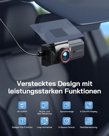 Автомобільний відеореєстратор WOLFANG 4K з WiFi, передня та задня камери, 3
