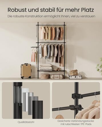 SONGMICS Telescopic Rod Clothes Rack, 3-Tier Wardrobe, Height and Width Adjustable, Open Closet with 2 Clothes Rods and Removable Shelf, Gripper Arm, Matte Black HSR136B01