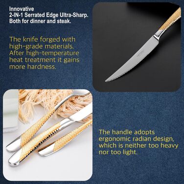 DAFFODILY Cutlery Set. Hammered 18/10 Stainless Steel Dinnerware. Mirror Finish, ultra-sharp steak knives, dishwasher safe. (Gold, 30)