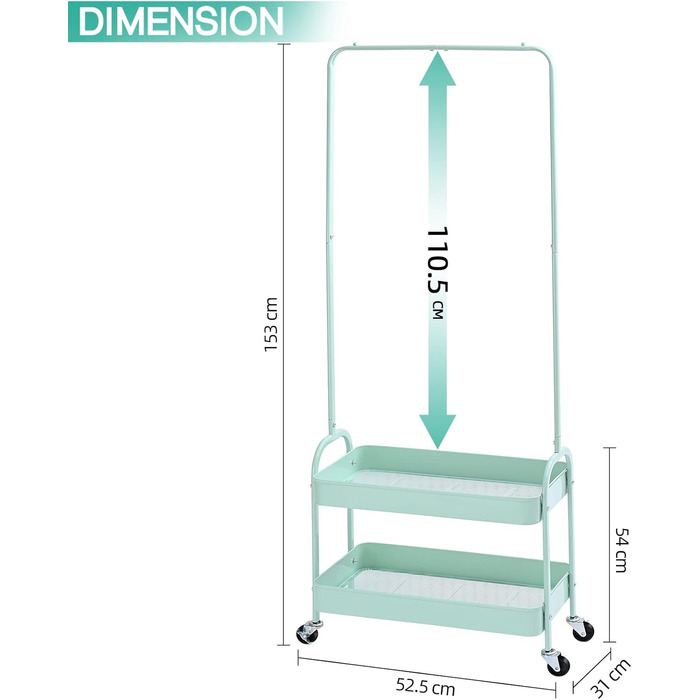 Clothes Rack Coat Stand, Clothes Rail Wheels, Bedroom Clothes Rack, Freestanding Shelf Cart 2 Tier Storage Shelf, Heavy-Duty Rolling Cart Utility Cart Green, WK830503-GN