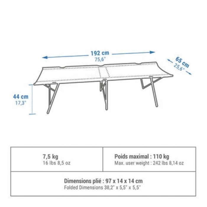 Одноосібне розкладне ліжко Quechua Camp Bed Second, 192x65 см