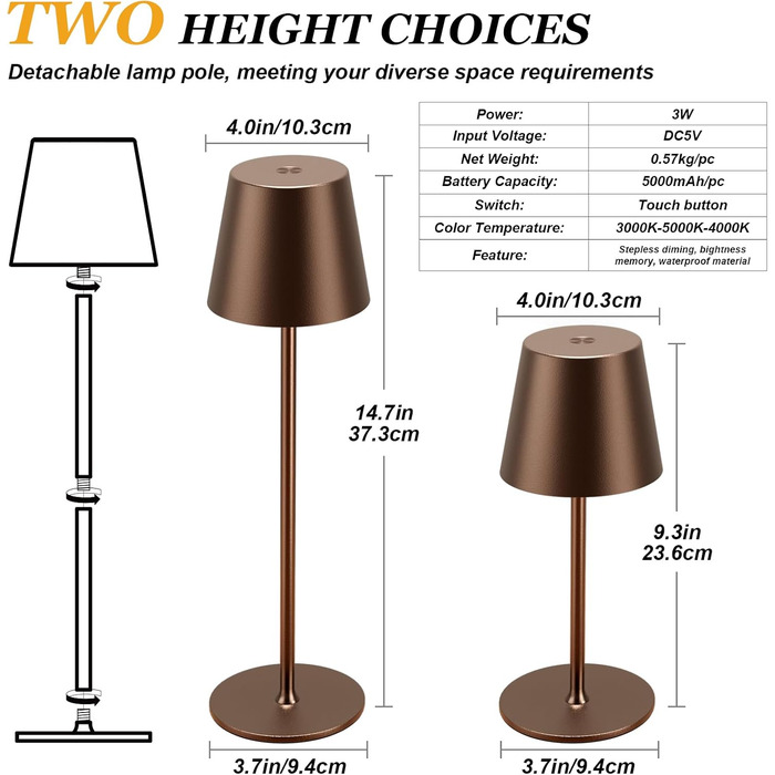 Набір з 2 бездротових настільних світильників LED з акумулятором, диммер сенсорний, 3 режими кольору, USB-C зарядка для спальні, столу, кемпінгу (Чорний)