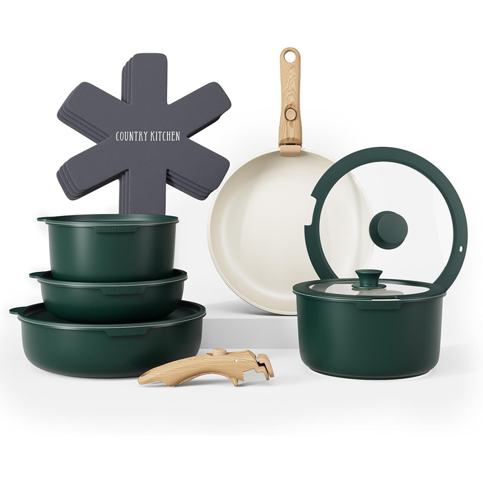Набір посуду Country Kitchen 13 предметів: каструлі та сковорідки з антипригарним покриттям, знімний ручка, для кухні, кемпінгу, духовки (сіро-зелений)