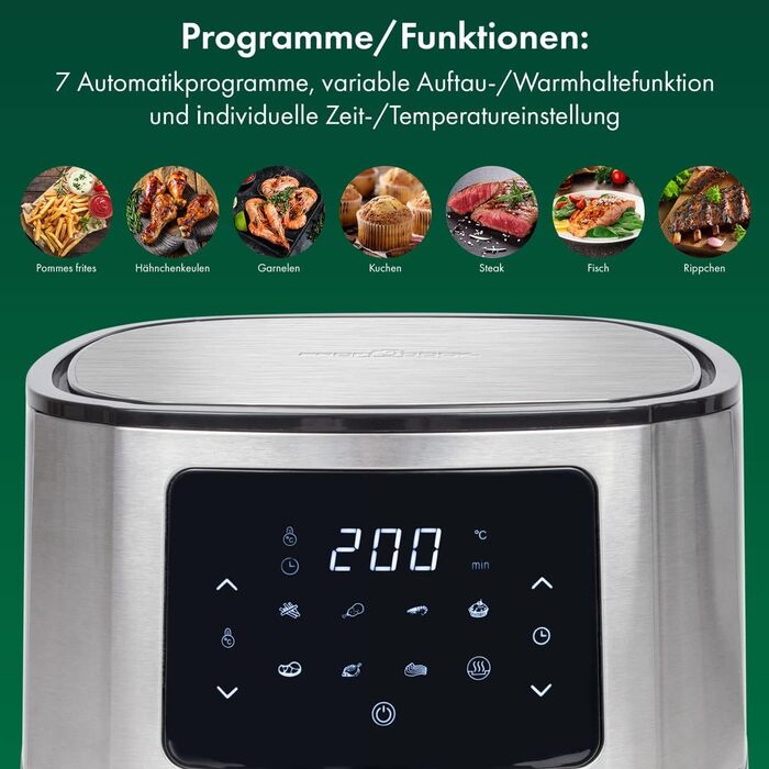 Аерофритюрниця ProfiCook 5,5 л, 1400 Вт, нержавійка, LED, 7 програм, без олії, для картоплі та нагетсів