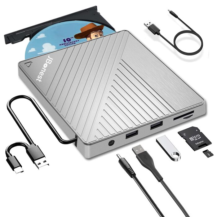 Зовнішній CD/DVD привід USB 3.0 Type-C з картридером SD/TF, портативний RW-записувач для ноутбука, ПК, MacBook (Windows, macOS, Linux), сірий