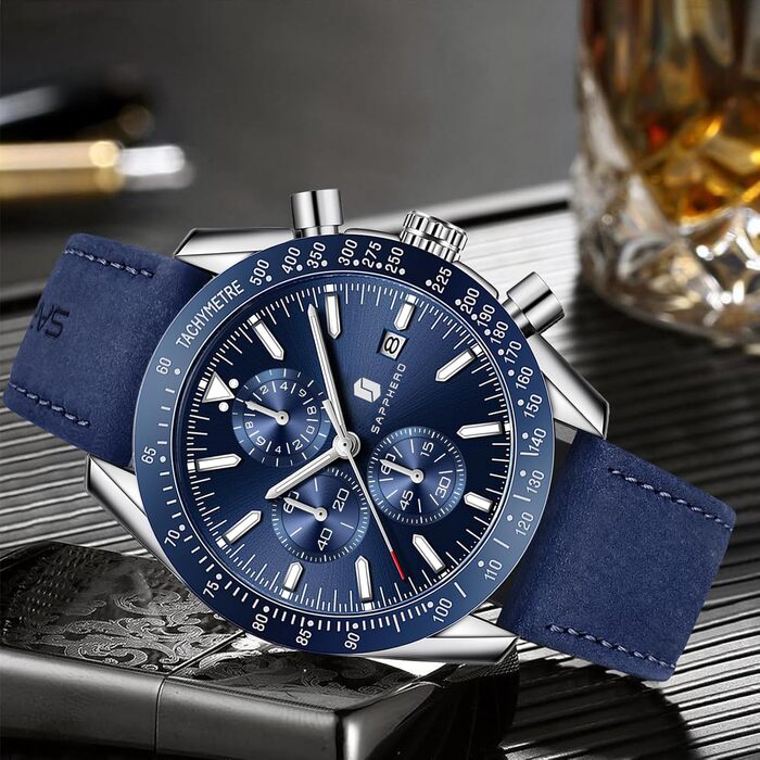 Годинник чоловічий BENYAR Chronograph з кварцовим механізмом, аналоговий, з шкіряним ремінцем. Стильний дизайн для бізнесу, спорту та повсякденного носіння. Водостійкість 30M. Елегантний подарунок для чоловіків (синій ремінець, сріблясте корпус, блакитний