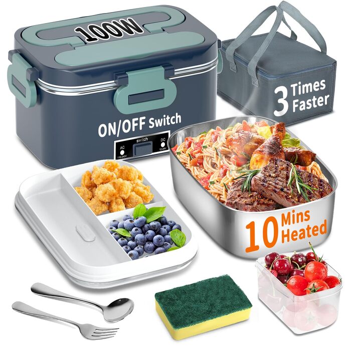 Електрична ланчбокс SOOOEC 100W, 3-в-1, з нержавіючої сталі, 12V/24V/220V, для авто/офісу, з ізольованою сумкою (Оранжево-чорний, Зелено-блакитний), об'єм 1.8L