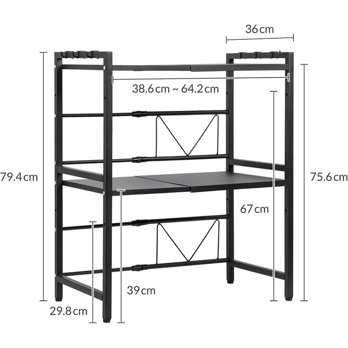 Підставка для мікрохвильової печі Todeco, 3-рівнева, регульована, з 6 гачками, чорна, до 25 кг, 36-60 x 36 x 44 см