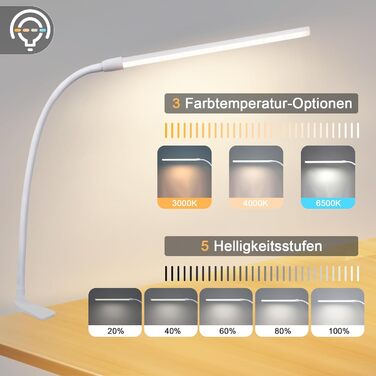 Лампа для столу Homefire LED з кріпленням, регульована яскравість: чорна, 5 рівнів яскравості, 5W, гнучка, для офісу, кабінету, захист очей, денне світло, USB