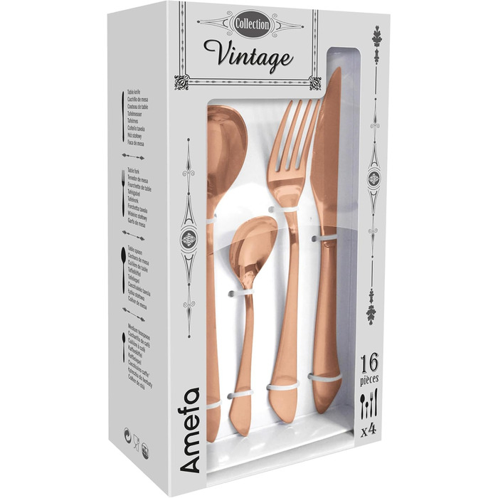Набір столових приборів Amefa INSTINCT 16 предметів для 4 осіб, нержавіюча сталь 18/0, мідний колір, PVD покриття, вінтажний стиль