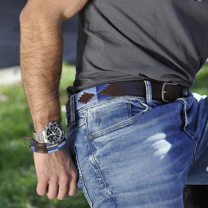 Аргентинський шкіряний ремінь з шнуром та шкіряним браслетом. Вишитий шкіряний ремінь для чоловіків та жінок. Аргентинські ремені Polo, блакитні, 110