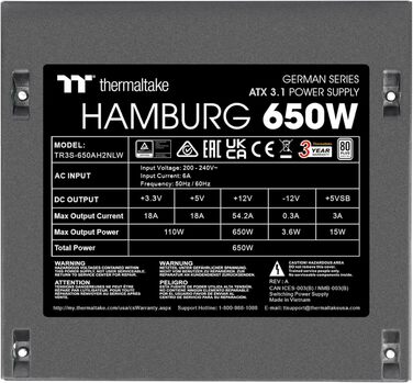 Блок живлення Thermaltake Hamburg 650W ATX 3.1 PCIe 5.1 80 Plus White German Series