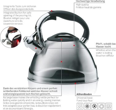 Kela Induction 3 L, Stainless Steel Camping Kettle, with secure pouring lid opening via button, VARUS, Polished Teakettle, Silver, Silver Single