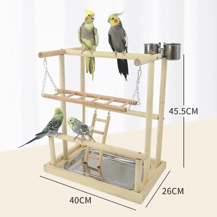 Bird Playground, budgie toys, bird play stand, bird gym, bird accessories, climbing frame with feeder cups, tray, swing for parakeets, canaries, finches, etc. (#8)