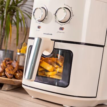 Аерофритюрниця InnovaGoods Vintage 6,5 л, 1700 Вт, з віконцем, антипригарний кошик, таймер, 360° циркуляція повітря, понад 100 рецептів, для 4-6 осіб, кремова