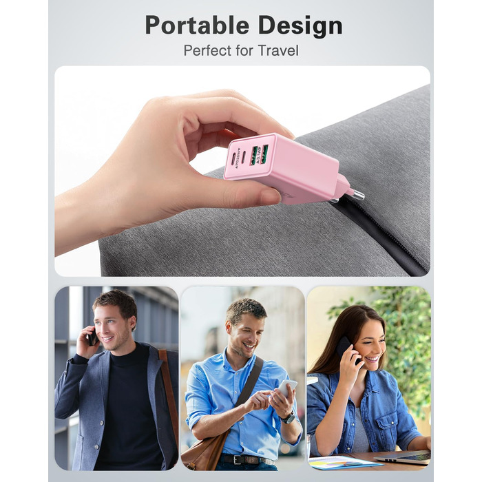 Мережевий адаптер USB-C 40W з 4 портами, рожевий. Швидка зарядка PD+QC для iPhone, iPad, Samsung та інших телефонів.