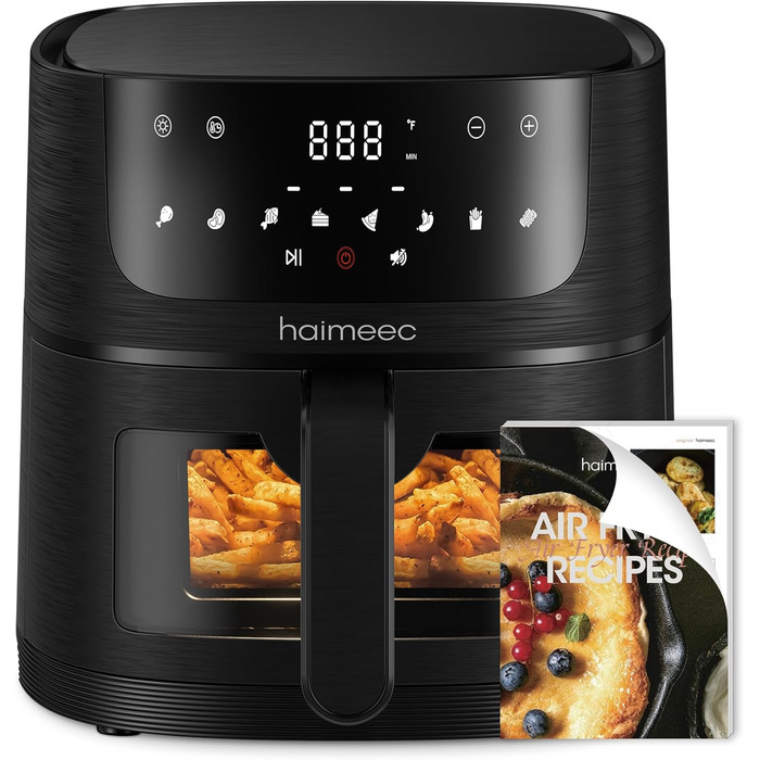 HAIMEEC 6L Air Fryer with Viewing Window - 8-in-1 Oil-Free Fryer, Shake Reminder, Non-Stick Coating, 30-200°C, 78 Recipes, Quiet Operation