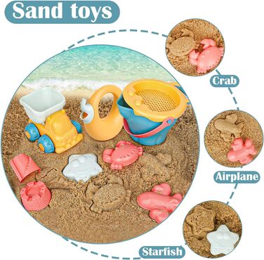 Sanlebi 17-Piece Beach Sand Toy Set with Water Wheel, Beach Buggy, Bucket, Mesh Bag, Sand Molds, Soft Plastic Toy Beach for Kids Boys Girls