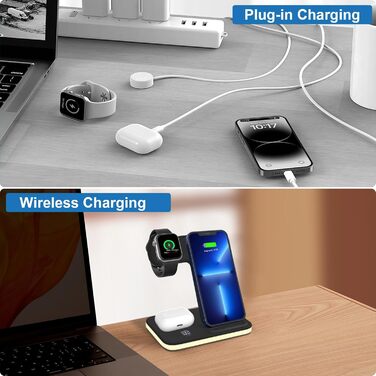 Зарядна станція 3-в-1 для Apple Watch та iPhone: бездротова зарядка для iPhone 16/15/14/13/12/11/Pro/Max/X/8/Plus та Apple Watch 10/9/Ultra/8/7/6/SE/5/4/3/AirPods Pro 4/3/2