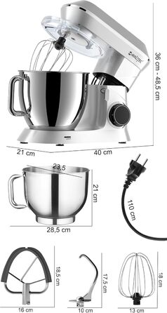 Планетарний міксер MalTecChef 2200 Вт, 6 л, 6 швидкостей, чорний, насадки для замісу тіста, збивання, кухонний комбайн