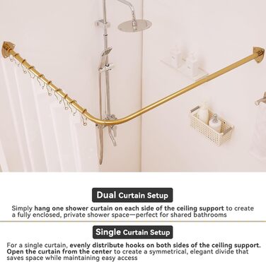 Штанга для душу L-подібної форми, регульована, з кріпленням для гардини та опорою для верхньої частини, для ванни/ванної кімнати, монтаж на свердління (Золото, 100-175см x 140-214см)