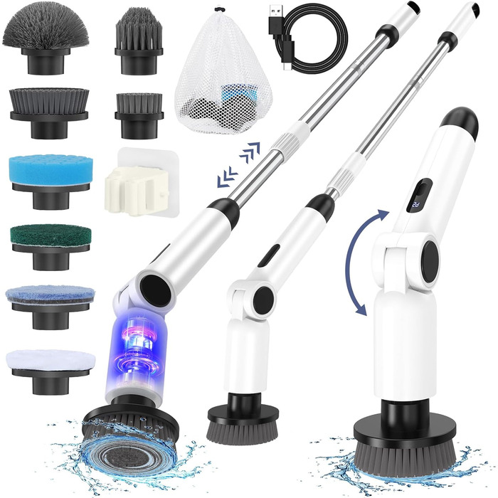 Electric Cleaning Brush, [Folding Version] Homtronics Electric Scrub Brush, Adjustable Long Handle, Electric Spin Scrubber Cordless with 8 Drill Brush Heads for Bathroom Kitchen Car, (White)