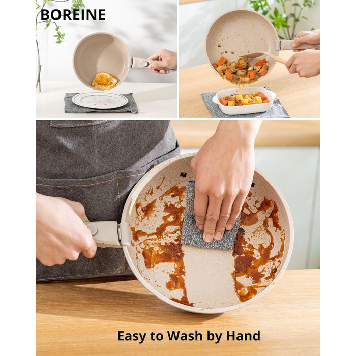 Набір посуду BOREINE 14 предметів: каструлі та сковороди з антипригарним гранітним покриттям (PFOA-free), знімні ручки, для всіх типів плит (індукція, склокераміка, газ, духовка), коричневий