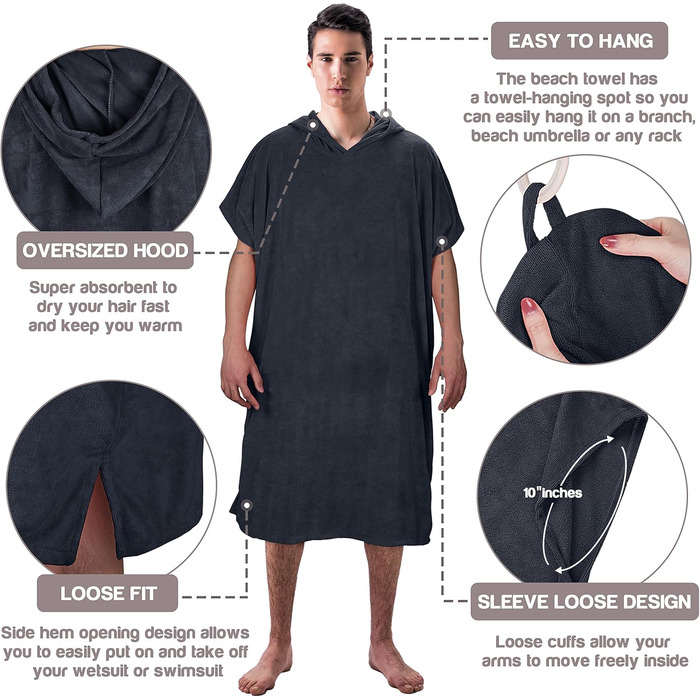 Surf Poncho Hooded Changing Towels Quick Dry Beach Change Robe for Adults Men Women Waterproof and Sandproof Bathrobe for Surfing Swimming Bathing Oversized Black