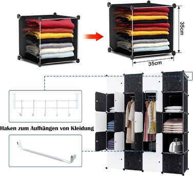 HENGMEI DIY Closet Wardrobe Storage Rack Shelf System 12-Cube Organization System Shoe Rack Closet with Door (Black) (20 Boxes)