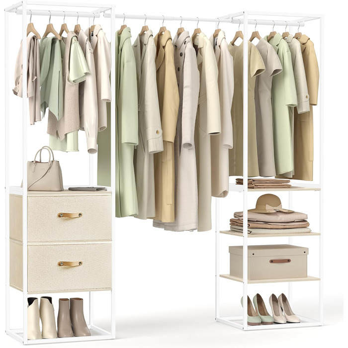 SONGMICS Clothes Rack, Open Wardrobe, High-Load-Capacity Coat Rack, 1 Extendable Rod, 2 Drawers, 4 Shelves, for Bedroom, Space-Saving, Natural Beige RGR003W67