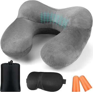 Подушка для шиї BBjinronjy надувна для подорожей, літака, офісу, авто, кемпінгу, з чохлом з м'якого велюру, ергономічна, з навушниками (сіра)