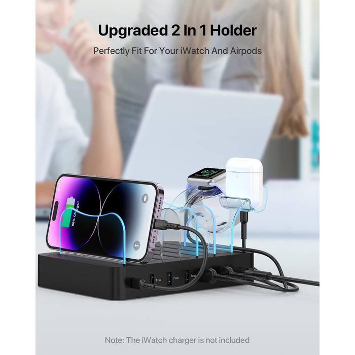 Зарядний хаб SooPii USB 60W/12A з 6 портами, органайзер для декількох пристроїв, з тримачем для Apple Watch, 6 кабелів у комплекті (Чорний)