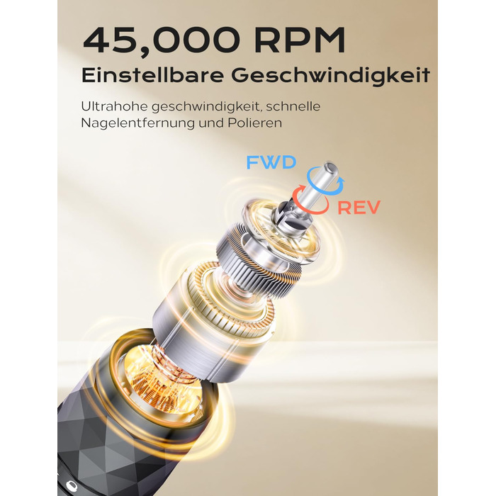 Професійний набір для фрезерування нігтів Nagelfräser: 45000 обертів, акумулятор 10H, LCD-дисплей, регулювання напрямку обертання, чорний