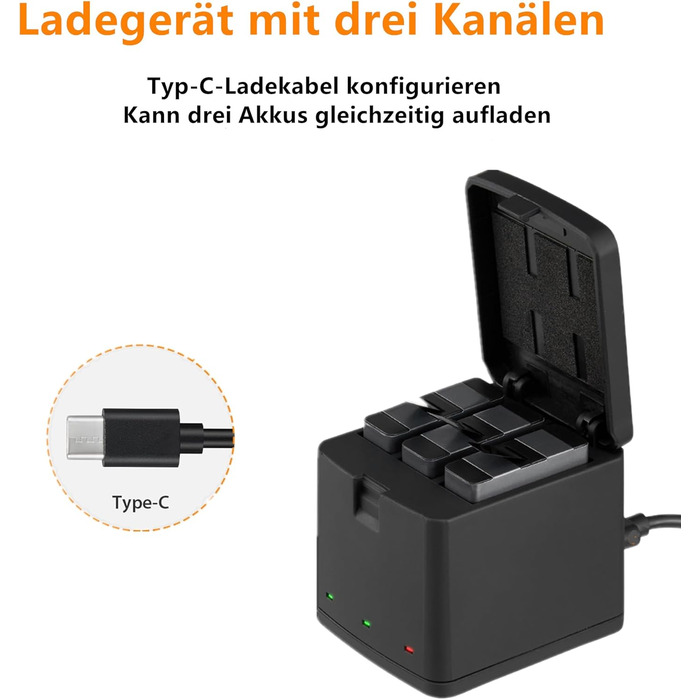 Зарядний комплект Vemico Hero 8: 3 акумулятори 1500 mAh, 3-канальна зарядна станція з Type-C USB, захисний ковпачок, сумісний з Hero 8/7/6/5/AHDBT-801